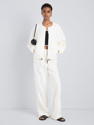 Proenza Schouler Front full length image of model wearing Madigan Jacket in Jacquard Cotton in Off White