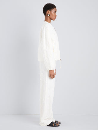 Proenza Schouler Side full length image of model wearing Madigan Jacket in Jacquard Cotton in Off White