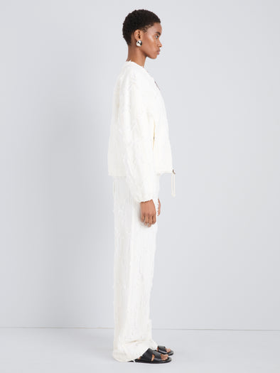 Proenza Schouler Side full length image of model wearing Madigan Jacket in Jacquard Cotton in Off White
