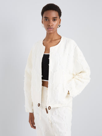 Proenza Schouler Detail image of model wearing Madigan Jacket in Jacquard Cotton in Off White