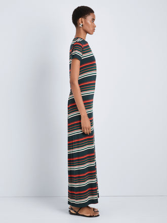 Proenza Schouler Side full length image of model wearing Noelle Dress in Striped Jersey in Spruce Multi
