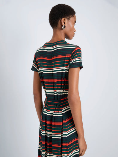 Proenza Schouler Detail image of model wearing Noelle Dress in Striped Jersey in Spruce Multi