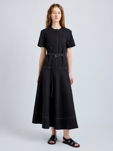 Proenza Schouler Front full length image of model wearing Elizabeth Dress in Solid Cotton Linen in Black