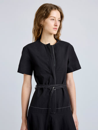 Proenza Schouler Detail image of model wearing Elizabeth Dress in Solid Cotton Linen in Black