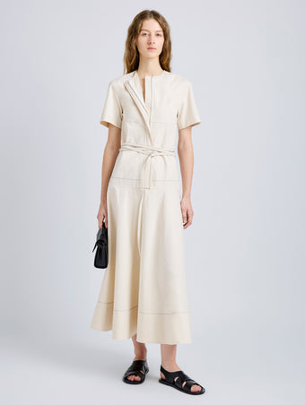 Proenza Schouler Front full length image of model wearing Elizabeth Dress in Solid Cotton Linen in Barley Melange