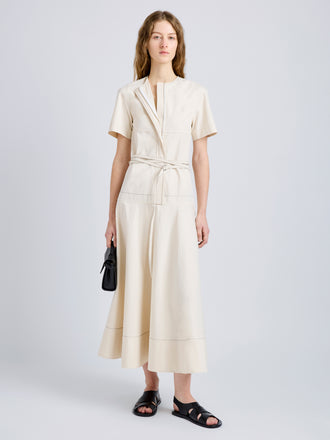 Proenza Schouler Front full length image of model wearing Elizabeth Dress in Solid Cotton Linen in Barley Melange