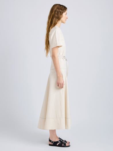 Proenza Schouler Side full length image of model wearing Elizabeth Dress in Solid Cotton Linen in Barley Melange