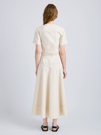 Proenza Schouler Back full length image of model wearing Elizabeth Dress in Solid Cotton Linen in Barley Melange