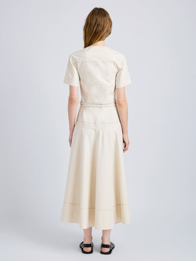 Proenza Schouler Back full length image of model wearing Elizabeth Dress in Solid Cotton Linen in Barley Melange
