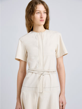 Proenza Schouler Detail image of model wearing Elizabeth Dress in Solid Cotton Linen in Barley Melange