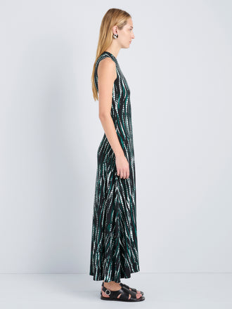 Proenza Schouler Side full length image of model wearing Jordyn Dress in Soft Jersey in Black Multi