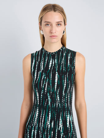 Proenza Schouler Detail image of model wearing Jordyn Dress in Soft Jersey in Black Multi