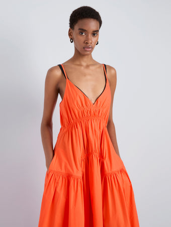 Proenza Schouler Detail image of model wearing Michelyn Dress in Poplin in Orange
