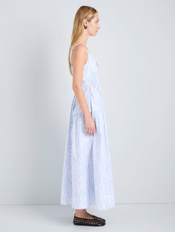 Proenza Schouler Side full length image of model wearing Michelyn Dress in Poplin in Cloud White Multi