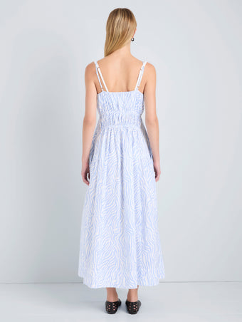 Proenza Schouler Back full length image of model wearing Michelyn Dress in Poplin in Cloud White Multi