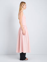Proenza Schouler Side full length image of model wearing Solira Dress in Seersucker in Rust Off White