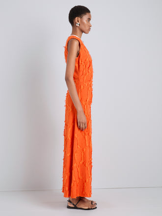 Proenza Schouler Side full length image of model wearing Violeta Dress in Jacquard Cotton in Flame