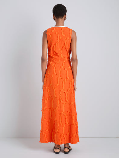 Proenza Schouler Back full length image of model wearing Violeta Dress in Jacquard Cotton in Flame
