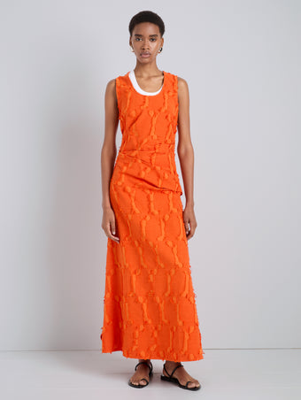 Proenza Schouler Front full length image of model wearing Noelani Dress in Soft Jersey in Straw Multi
