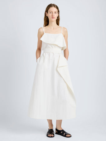 Proenza Schouler Front full length image of model wearing Reign Dress in Washed Cotton in Alabaster