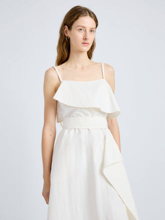 Proenza Schouler Detail image of model wearing Reign Dress in Washed Cotton in Alabaster