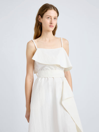 Proenza Schouler Detail image of model wearing Reign Dress in Washed Cotton in Alabaster