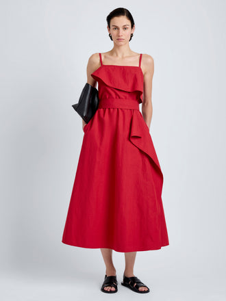Proenza Schouler Front full length image of model wearing Reign Dress in Washed Cotton in Brick