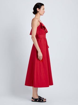 Proenza Schouler Side full length image of model wearing Reign Dress in Washed Cotton in Brick