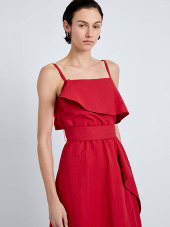 Proenza Schouler Detail image of model wearing Reign Dress in Washed Cotton in Brick
