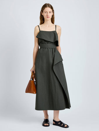 Proenza Schouler Front full length image of model wearing Reign Dress in Washed Cotton in Willow