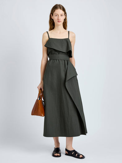 Proenza Schouler Front full length image of model wearing Reign Dress in Washed Cotton in Willow