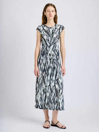 Proenza Schouler Front full length image of model wearing Miranda Dress in Printed Jersey in Pale Blue Multi