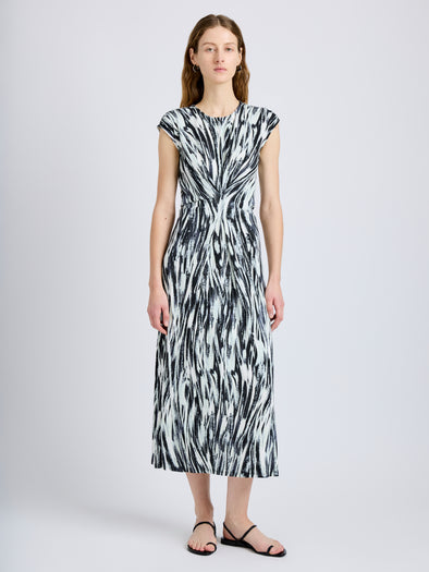 Proenza Schouler Front full length image of model wearing Miranda Dress in Printed Jersey in Pale Blue Multi