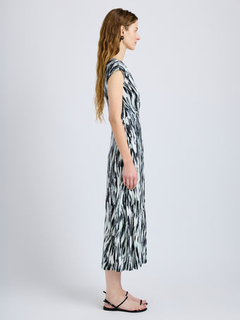 Proenza Schouler Side full length image of model wearing Miranda Dress in Printed Jersey in Pale Blue Multi