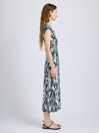 Proenza Schouler Side full length image of model wearing Miranda Dress in Printed Jersey in Pale Blue Multi