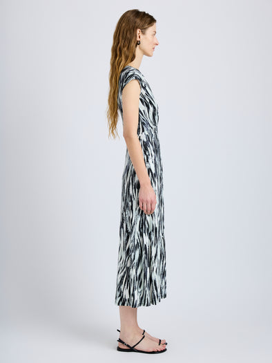 Proenza Schouler Side full length image of model wearing Miranda Dress in Printed Jersey in Pale Blue Multi