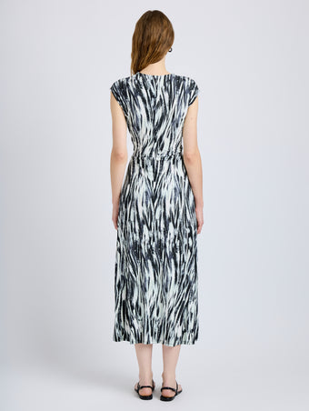 Proenza Schouler Back full length image of model wearing Miranda Dress in Printed Jersey in Pale Blue Multi