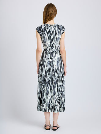 Proenza Schouler Back full length image of model wearing Miranda Dress in Printed Jersey in Pale Blue Multi