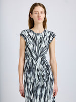 Proenza Schouler Detail image of model wearing Miranda Dress in Printed Jersey in Pale Blue Multi