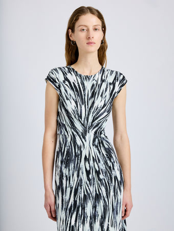 Proenza Schouler Detail image of model wearing Miranda Dress in Printed Jersey in Pale Blue Multi