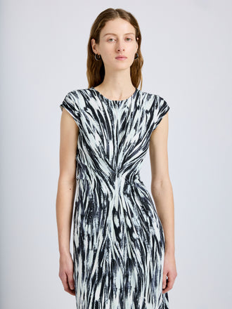 Proenza Schouler Detail image of model wearing Miranda Dress in Printed Jersey in Pale Blue Multi