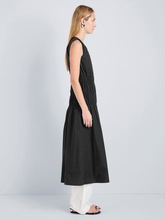 Proenza Schouler Side full length image of model wearing Loren Dress in Poplin in Black