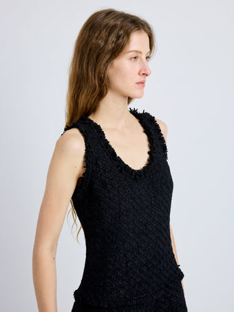 Proenza Schouler Detail image of model wearing Kaida Dress in Basketweave Tweed in Black
