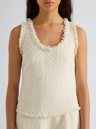 Proenza Schouler Detail image of model wearing Kaida Dress in Basketweave Tweed in White