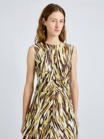 Proenza Schouler Detail image of model wearing Anoushka Dress in Poplin in Carambola Multi