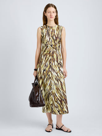 Proenza Schouler Front full length image of model wearing Anoushka Dress in Poplin in Carambola Multi