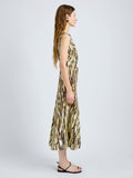 Proenza Schouler Side full length image of model wearing Anoushka Dress in Poplin in Carambola Multi