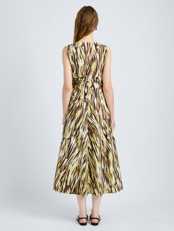 Proenza Schouler Back full length image of model wearing Anoushka Dress in Poplin in Carambola Multi