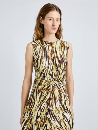 Proenza Schouler Detail image of model wearing Anoushka Dress in Poplin in Carambola Multi