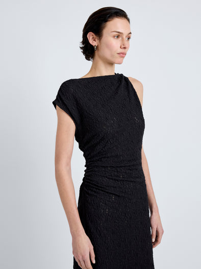 Proenza Schouler Detail image of model wearing Astra Dress in Stretch Lace in Black